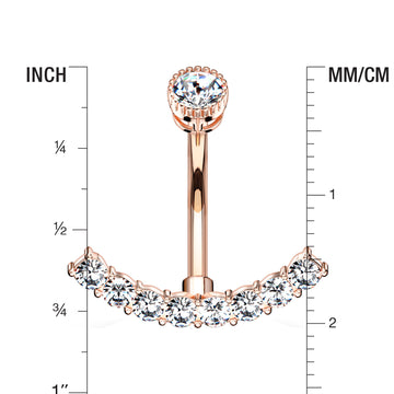 Detail View 1 of Rose Gold Curve Accent Sparkle Internally Threaded Belly Button Ring-Clear Gem